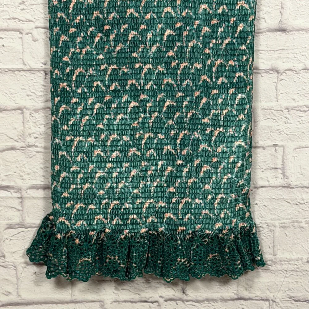 Free People Green Smocked Midi Dress Ruffle Sleeve Floral Bodycon Boho - Picture 8 of 11